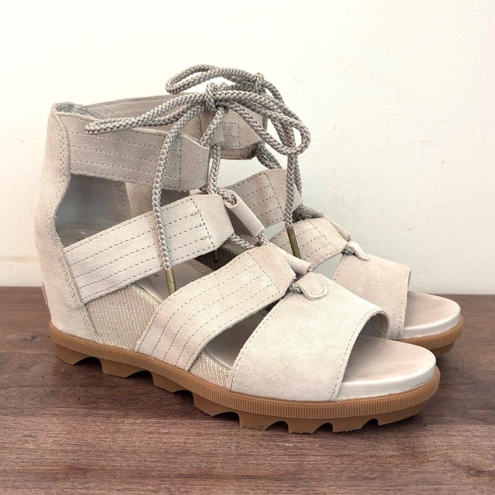 Sorel Wedge Sandals Womens Gladiator Peep Toe Festival Beige Joanie Lace Up 8.5